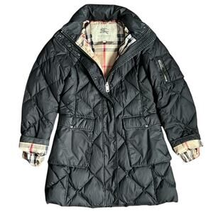 Burberry Black Quilted  Goose Down Puffer Coat Long Jacket Nova Check Size S